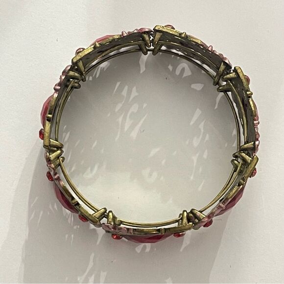 Vintage Victorian Enamel Red Crystal Floral Metal Cuff Bracelet - Picture 5 of 7